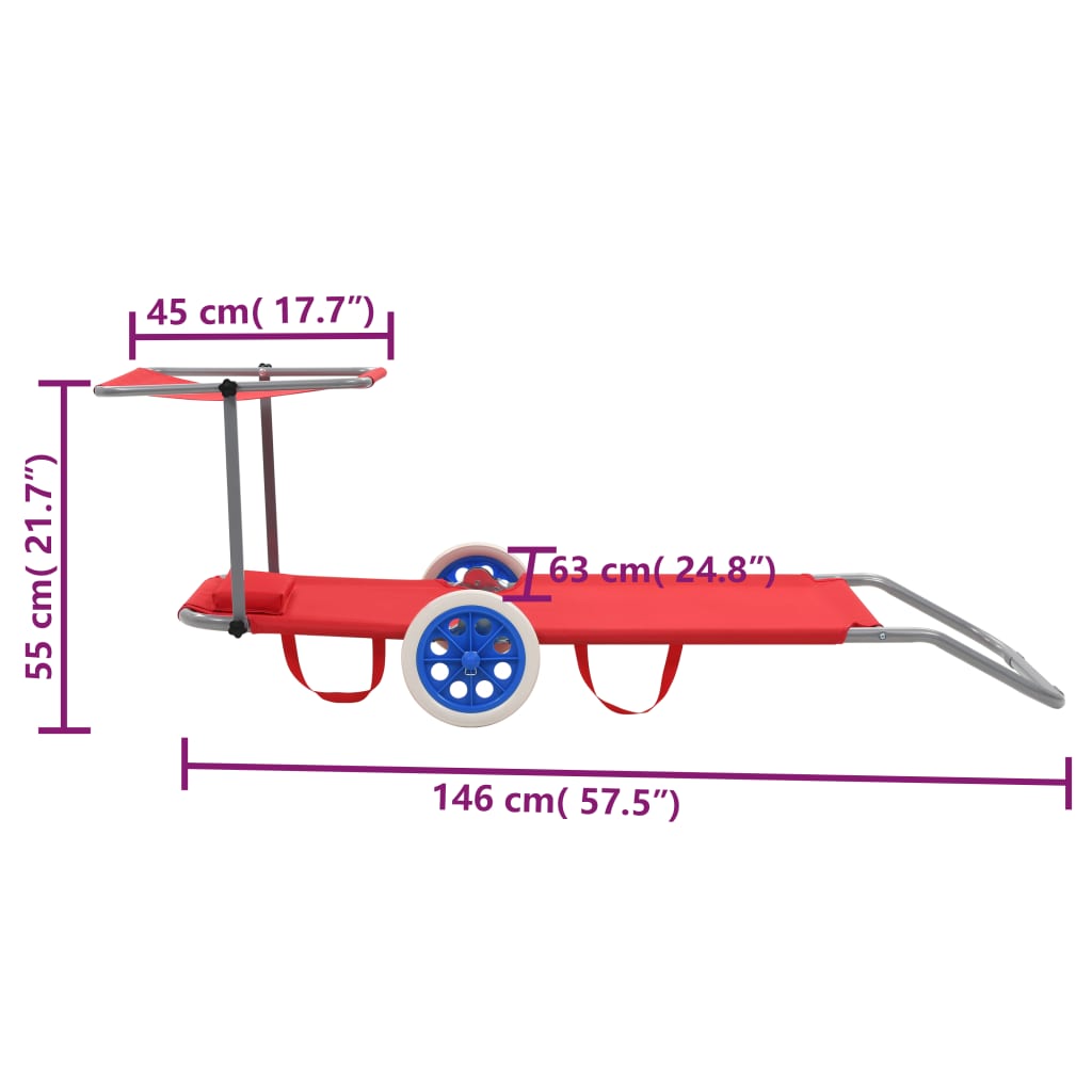 Zložljiv ležalnik s streho in kolesi jeklo rdeč