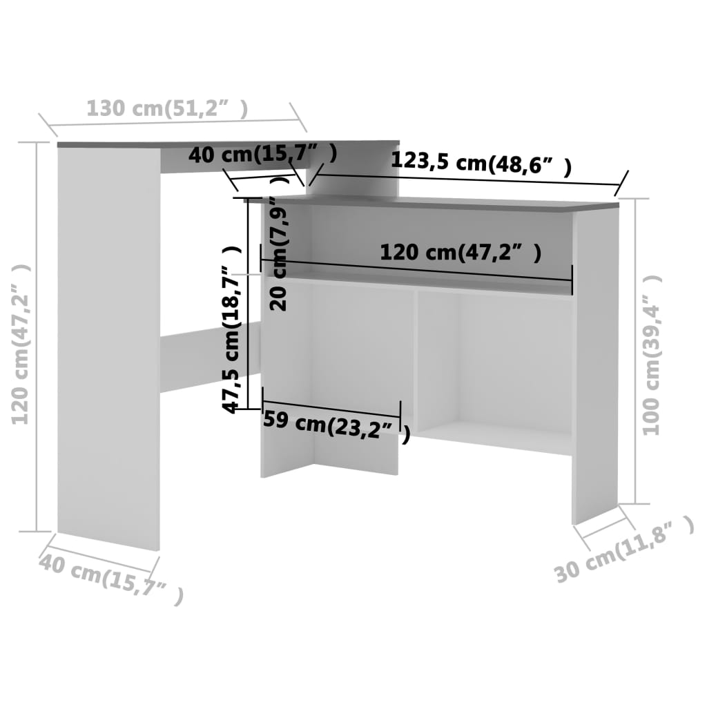 Barska miza z 2 površinama bela in siva 130x40x120 cm