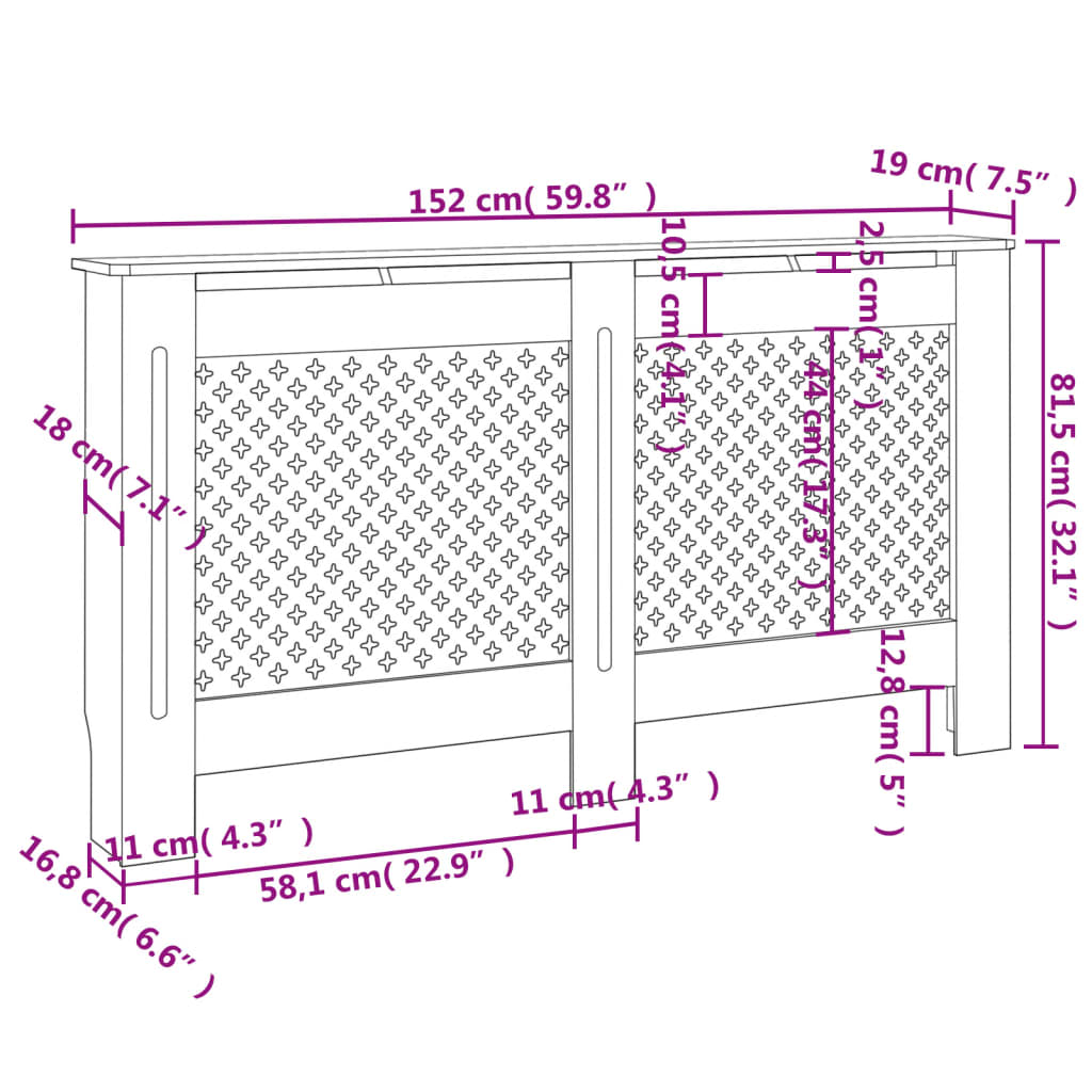 Pokrov za radiator bel 152x19x81,5 cm MDF