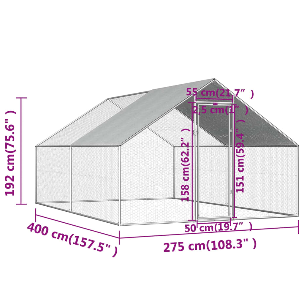 Zunanji kokošnjak 2,75x4x1,92 m pocinkano jeklo