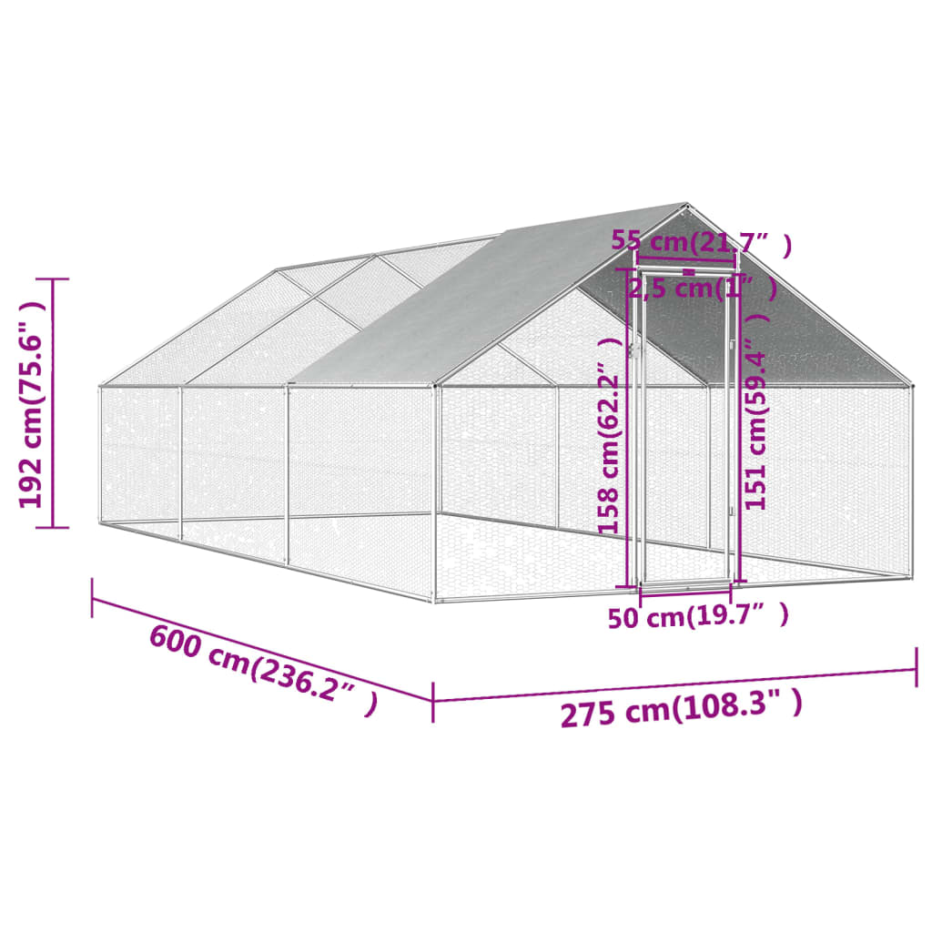 Zunanji kokošnjak 2,75x6x1,92 m pocinkano jeklo