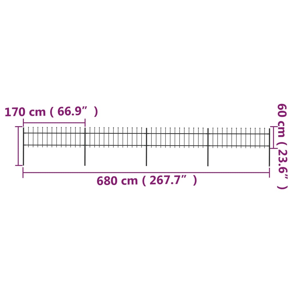 Vrtna ograja s koničastimi vrhovi jeklo 6,8x0,6 m črna