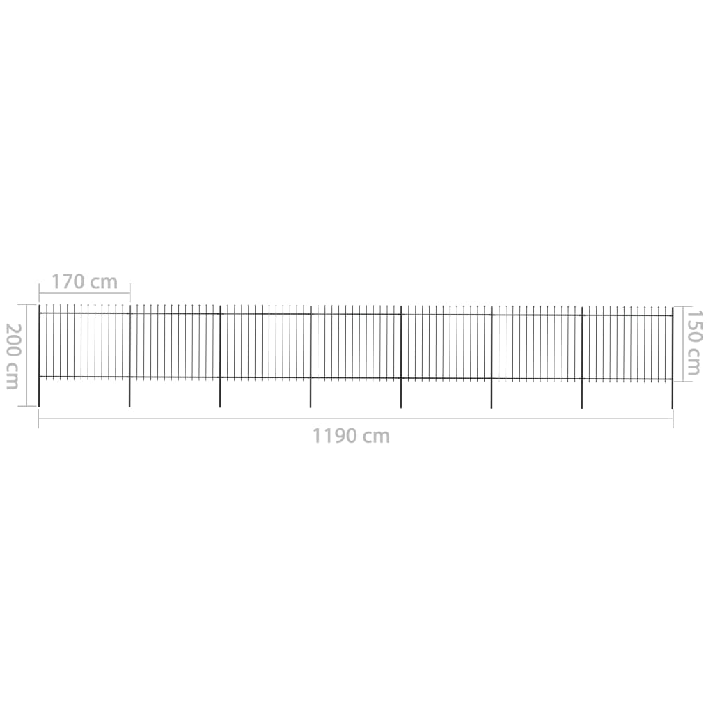 Vrtna ograja s koničastimi vrhovi jeklo 11,9x1,5 m črna