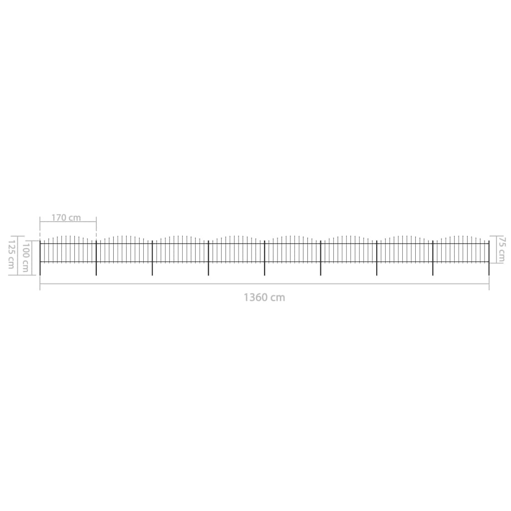 Vrtna ograja s koničastimi vrhovi jeklo (0,5-0,75)x13,6 m črna