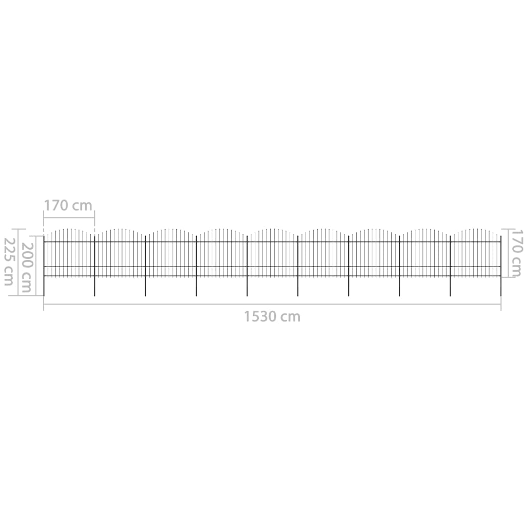 Vrtna ograja s koničastimi vrhovi jeklo (1,5-1,75)x15,3 m črna