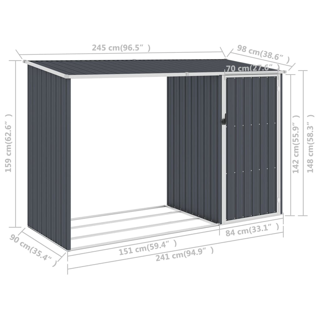 Vrtna lopa za drva antracitna 245x98x159 cm pocinkano jeklo