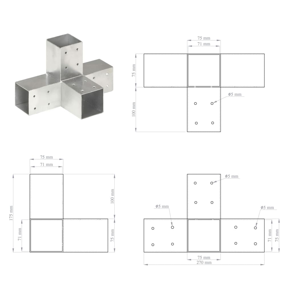 Spojniki za stebre 4 kosi X oblike pocinkana kovina 71x71 mm