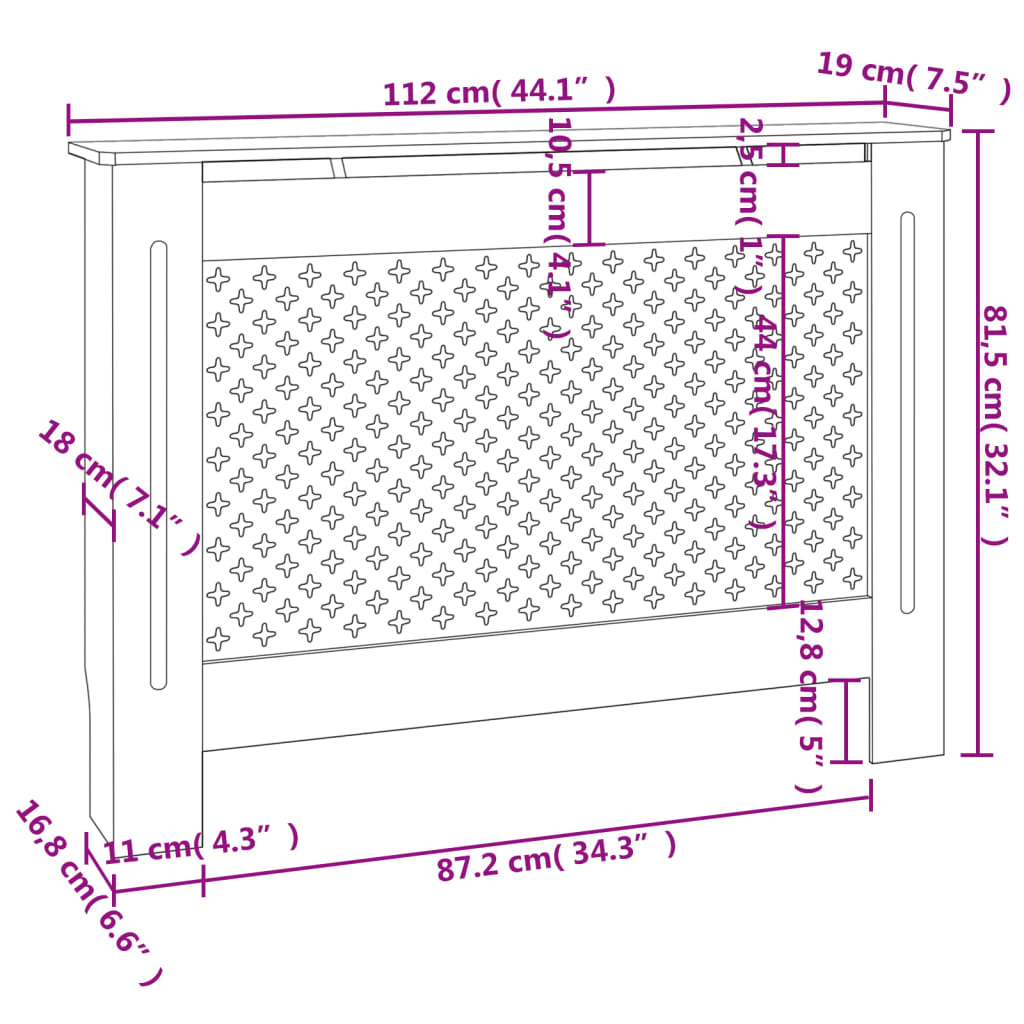 Pokrov za radiator antraciten 112x19x81,5 cm mediapan