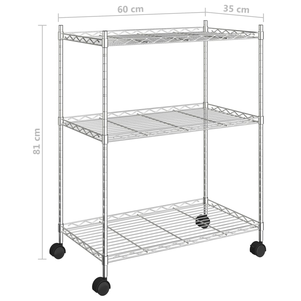 Regal s kolesi 3-nadstropni 60x35x81 cm krom 150 kg