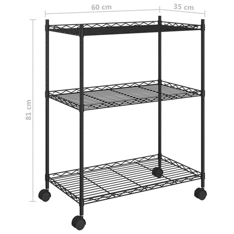 3-nadstropni regal s kolesi 60x35x81 cm črn 150 kg