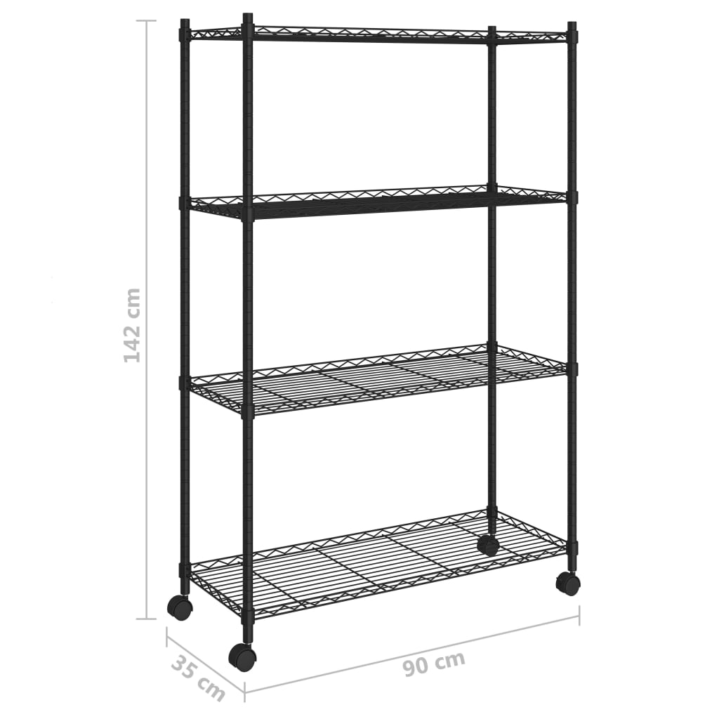 4-nadstropni regal s kolesi 90x35x142 cm črn 200 kg