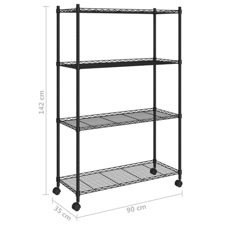 4-nadstropni regal s kolesi 90x35x142 cm črn 200 kg