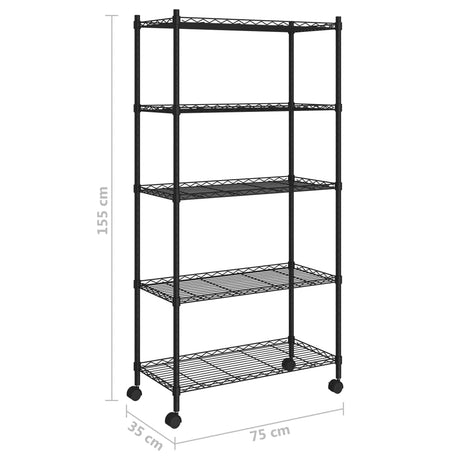 5-nadstropni regal s kolesi 75x35x155 cm črn 250 kg