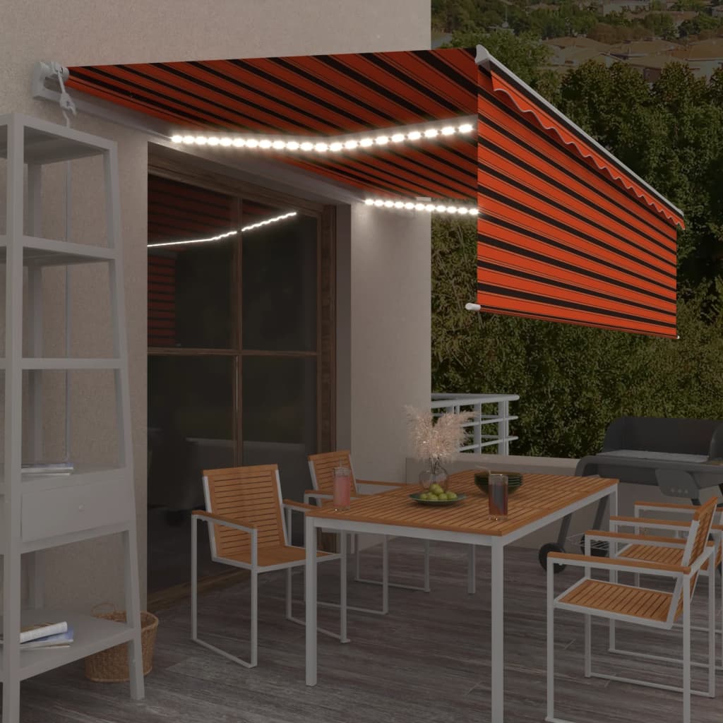 Avtomatska tenda s senčilom LED + senzor 5x3 m oranžna in rjava