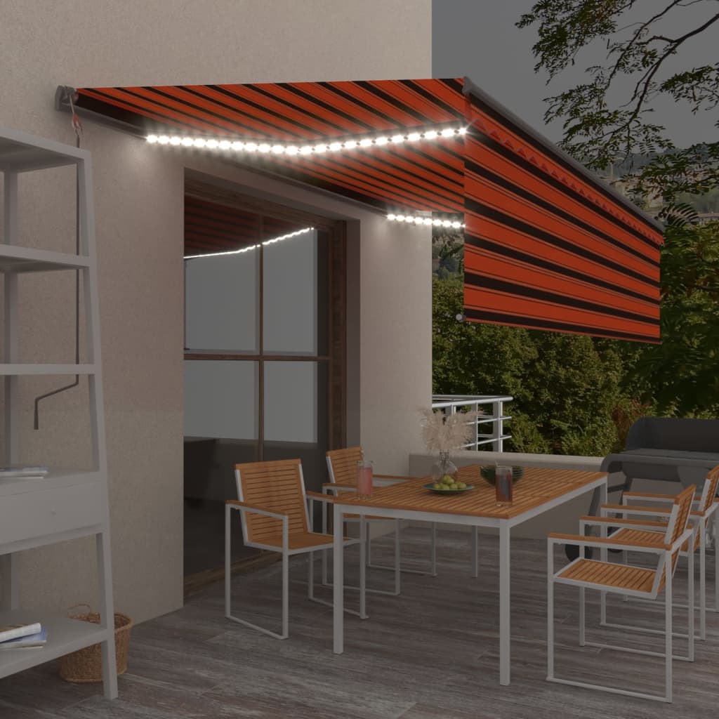 Avtomatska tenda s senčilom LED + senzor 5x3 m oranžna in rjava