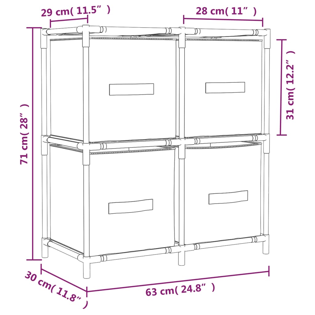 Omara s 4 košarami iz blaga siva 63x30x71 cm jeklo