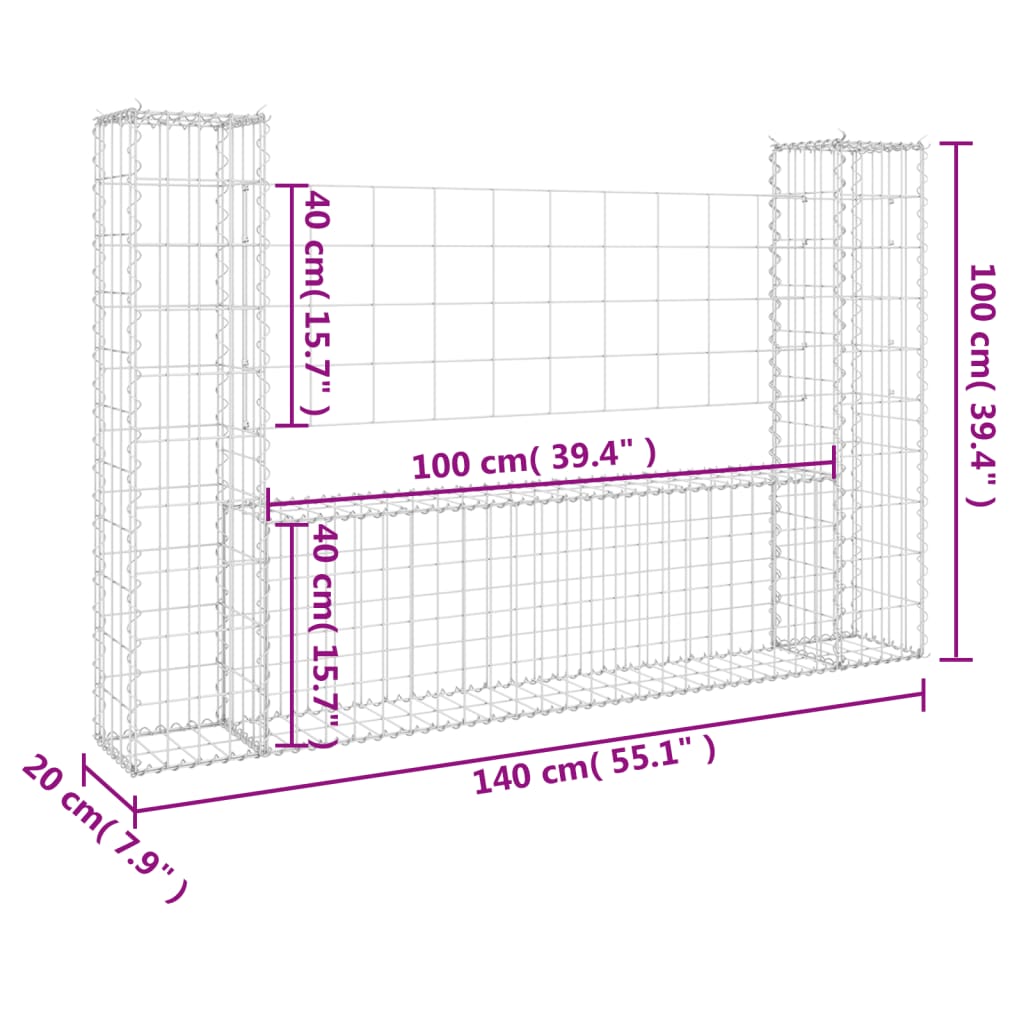 Gabion košara U-oblike z 2 stebroma železo 140x20x100 cm