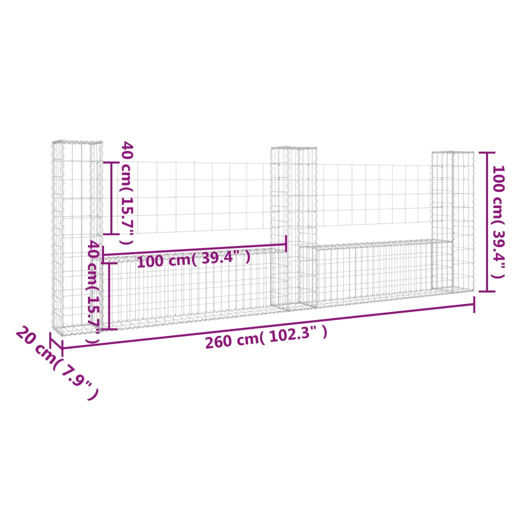 Gabion košara U-oblike s 3 stebri železo 260x20x100 cm