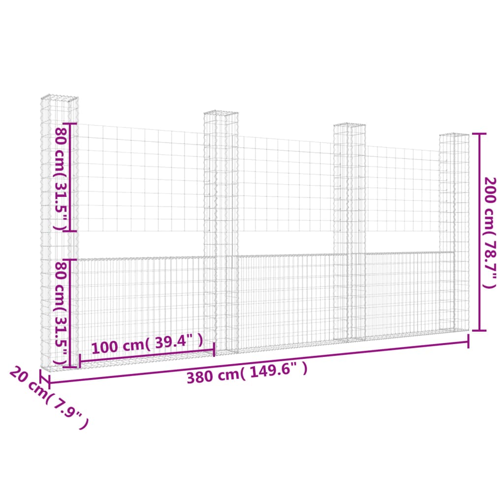 Gabion košara U-oblike s 4 stebri železo 380x20x200 cm