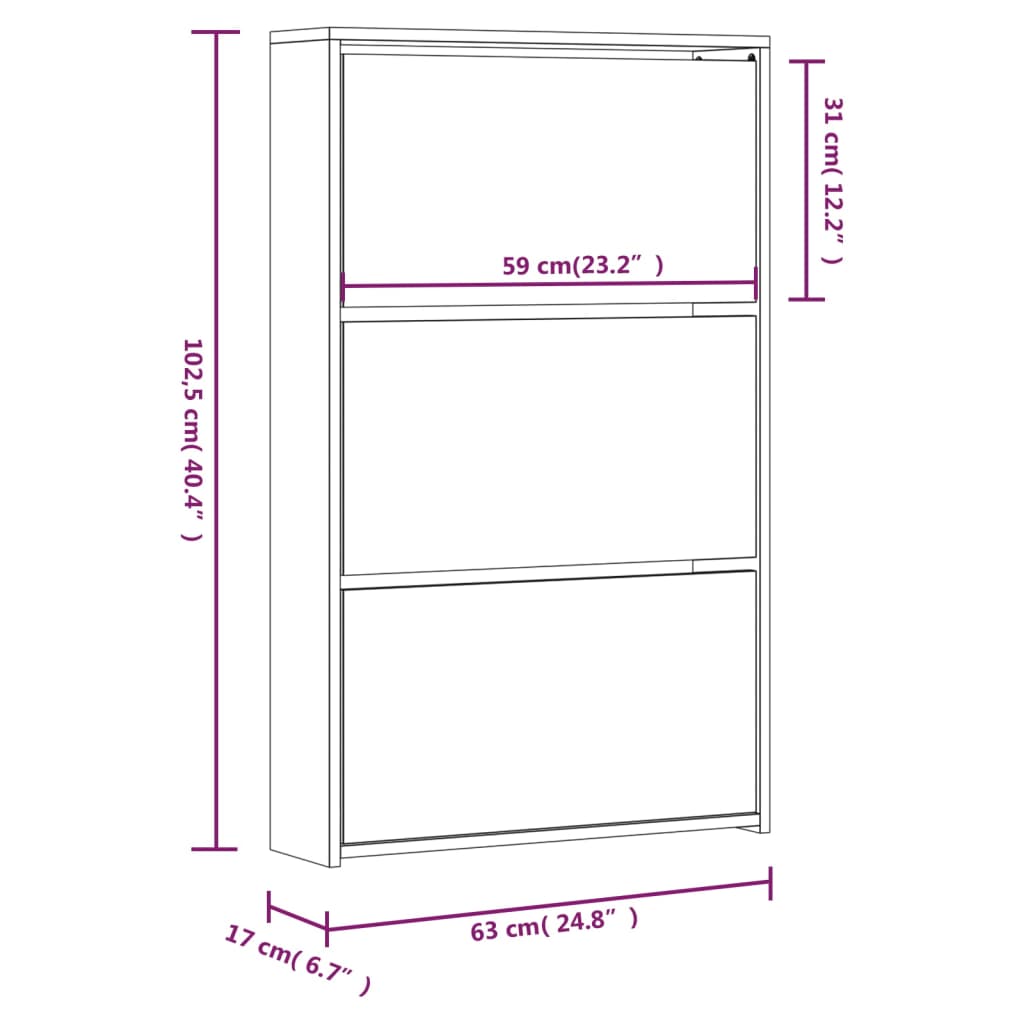 Omarica za čevlje z ogledalom 3-nadstropna hrast 63x17x102,5 cm