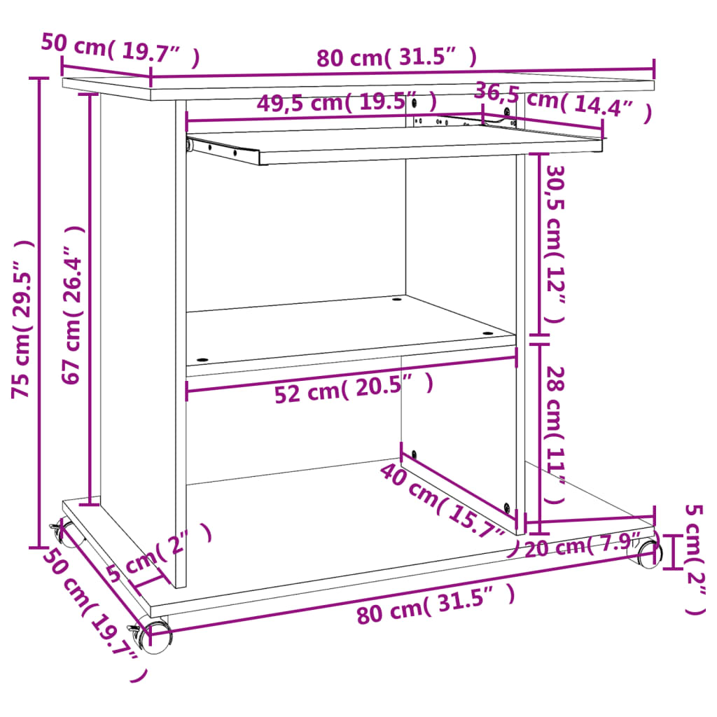 Računalniška miza rjav hrast 80x50x75 cm konstruiran les