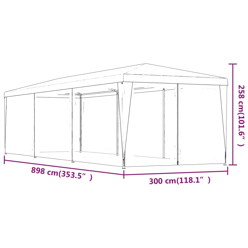 Vrtni šotor z 8 mrežastimi stranicami rdeč 3x9 m HDPE