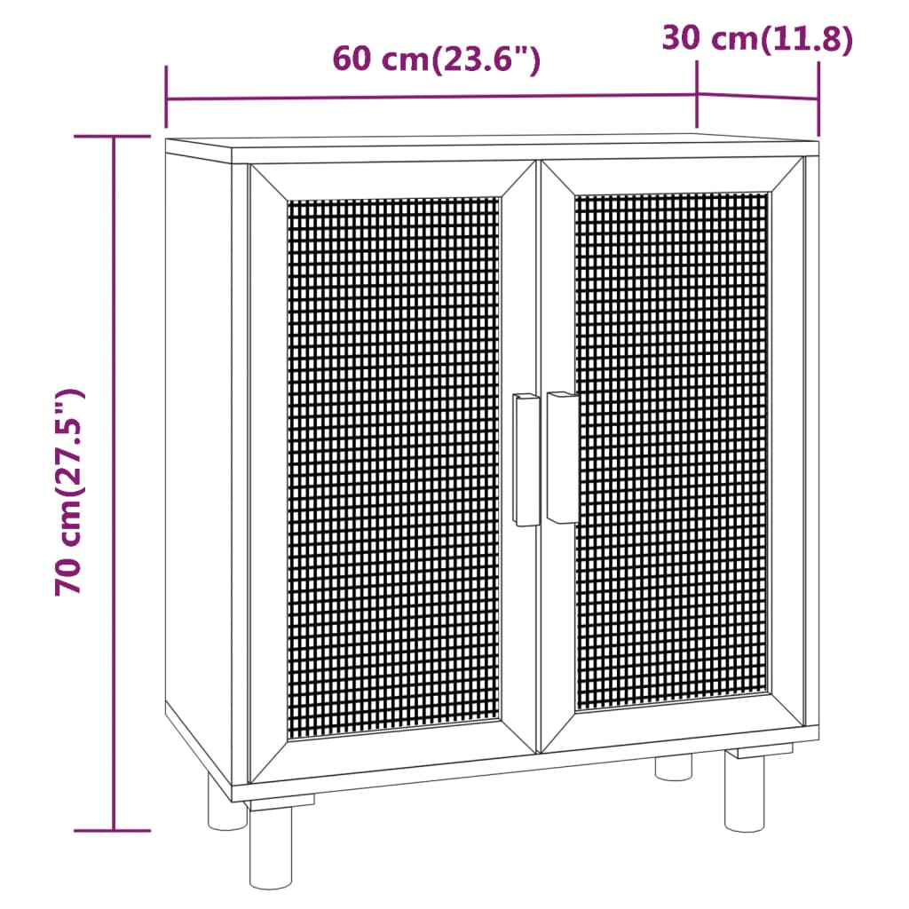 Komoda rjava 60x30x70 cm trdna borovina in naravni ratan