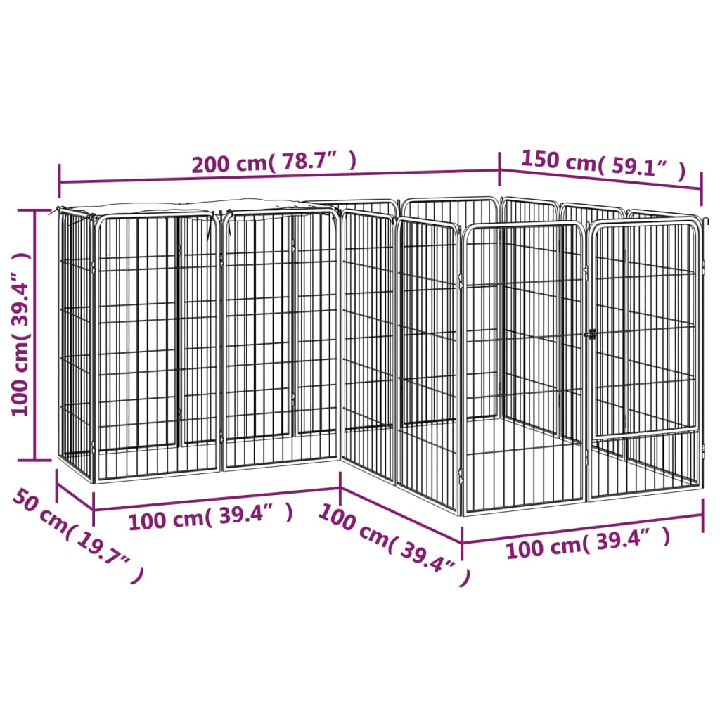 Pasja ograda s 14 paneli črna 50x100 cm prašno barvano jeklo