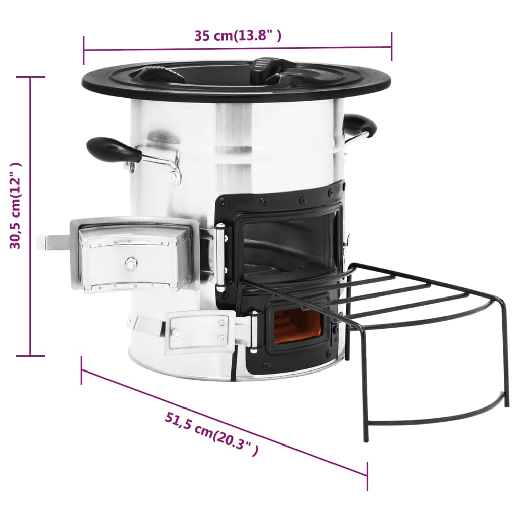 Peč na drva za kampiranje srebrna 51,5x35x30,5 cm nerj. jeklo