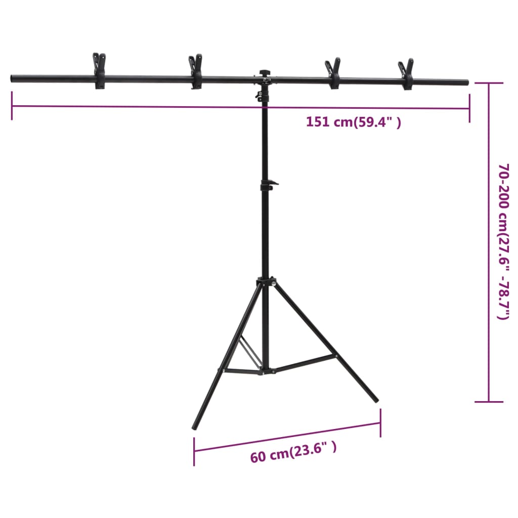 Stojalo za ozadje v obliki črke T črno 151x60x(70-200) cm