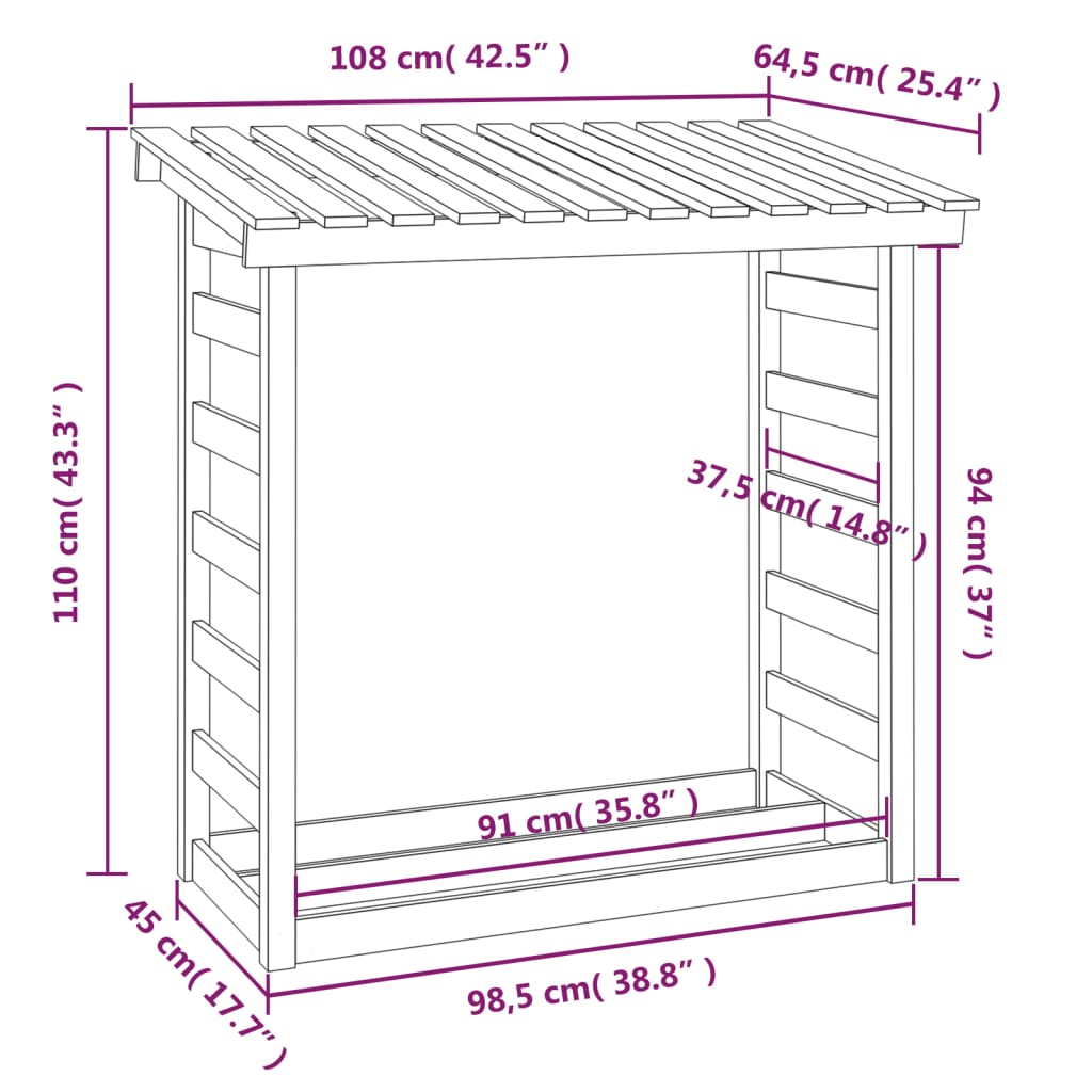 Stojalo za drva 108x64,5x110 cm trdna borovina