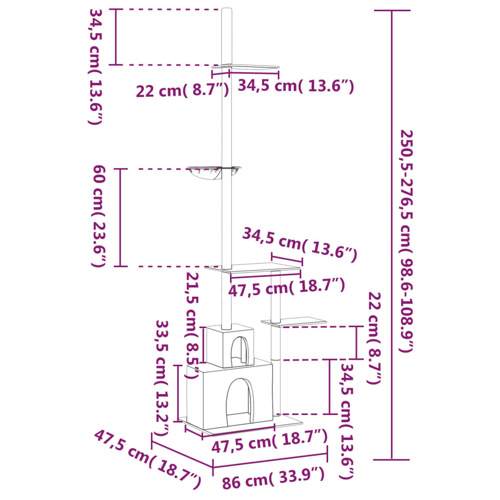 Mačje drevo od tal do stropa svetlo sivo 250,5-276,5 cm