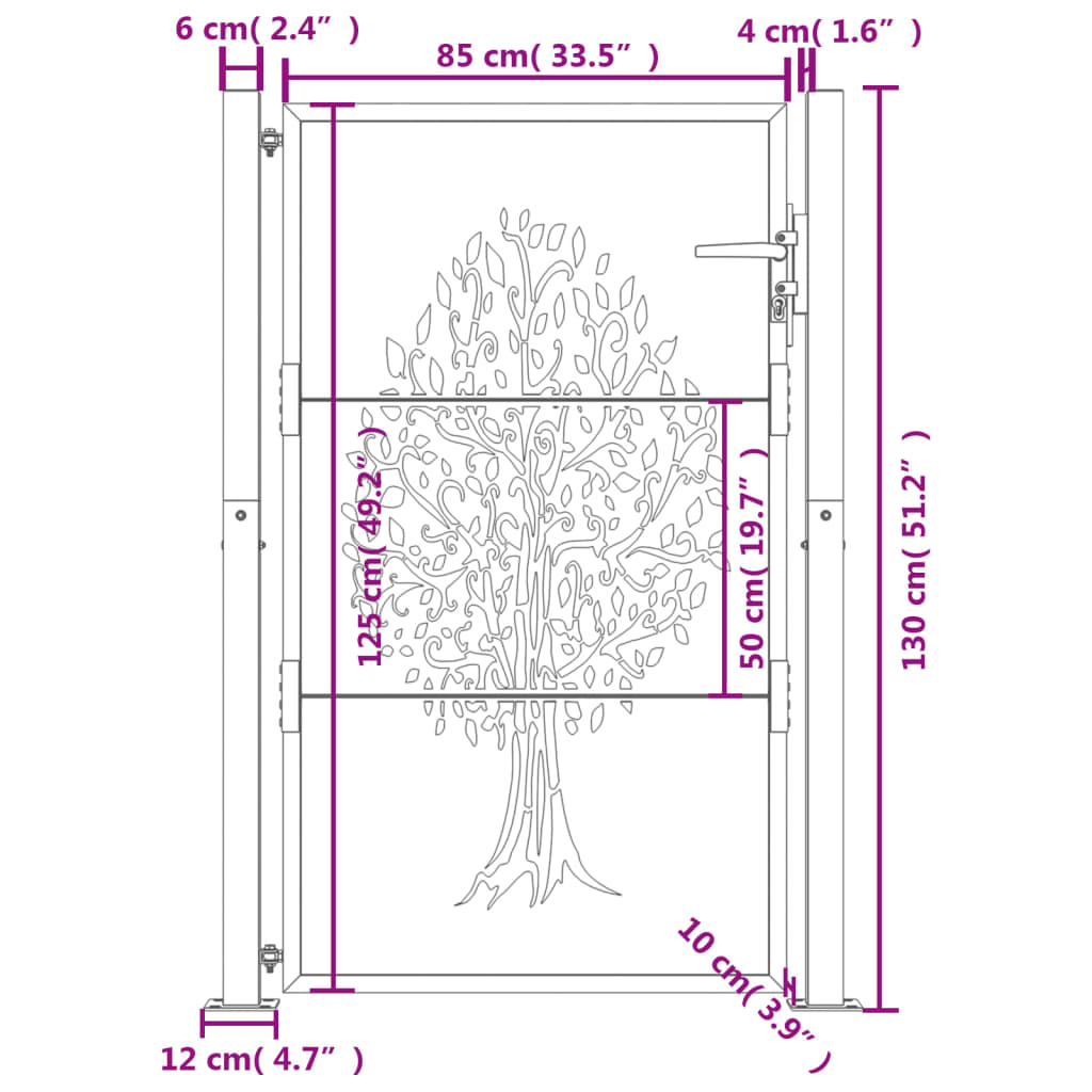 Vrtna vrata 105x130 cm Corten jeklo dizajn drevesa