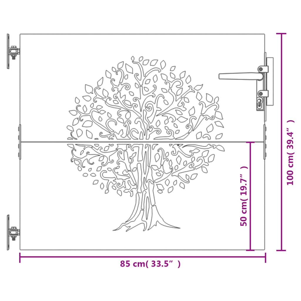 Vrtna vrata 85x100 cm corten jeklo dizajn drevesa