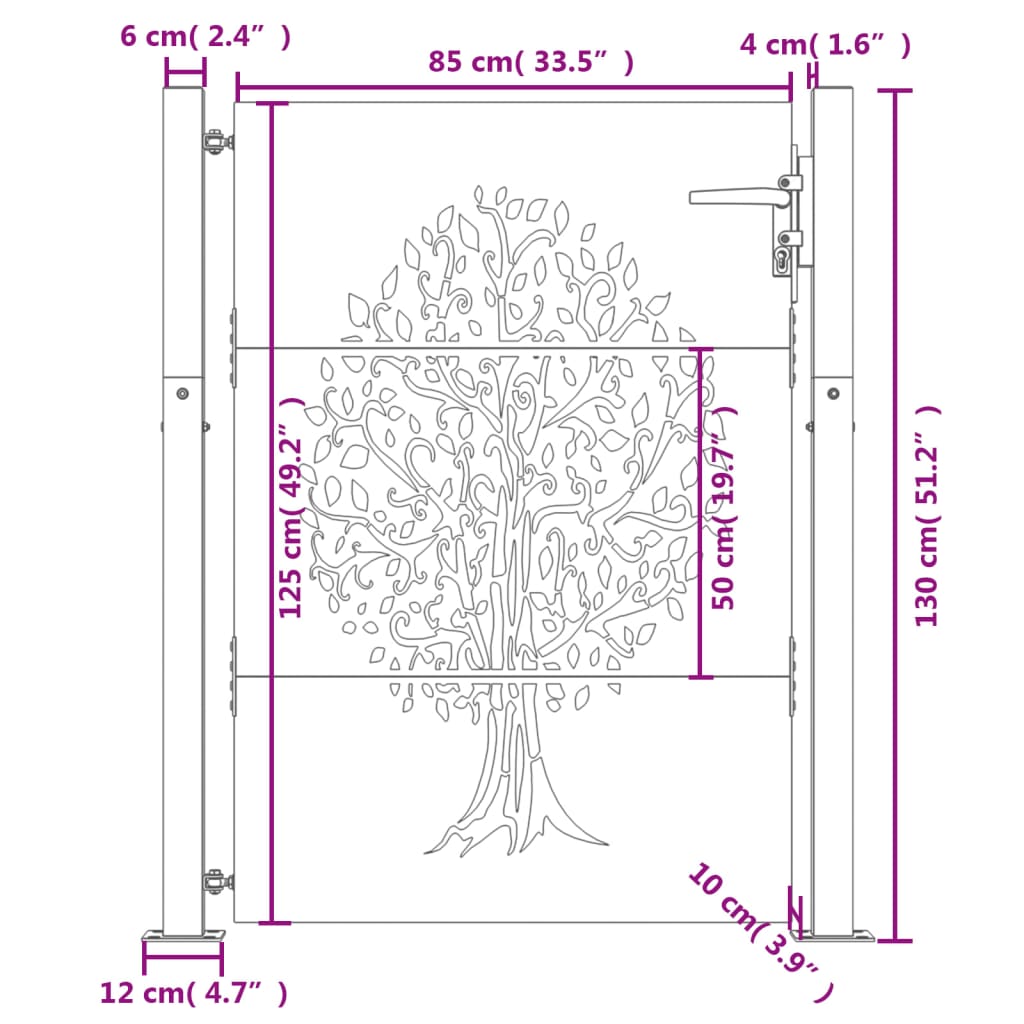 Vrtna vrata 105x130 cm corten jeklo dizajn drevesa