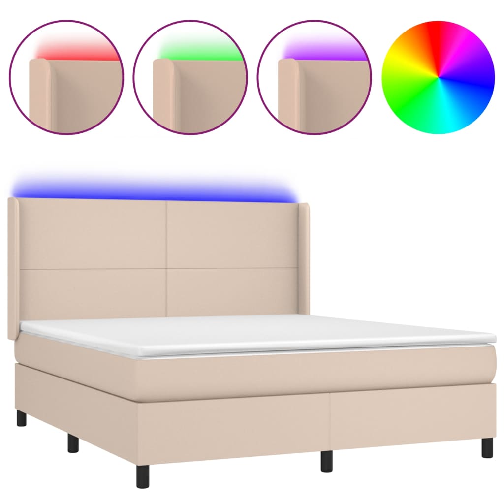 Box spring postelja vzmetnico LED kapučino 180x200 cm um. usnje