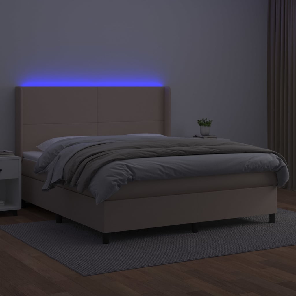 Box spring postelja vzmetnico LED kapučino 180x200 cm um. usnje