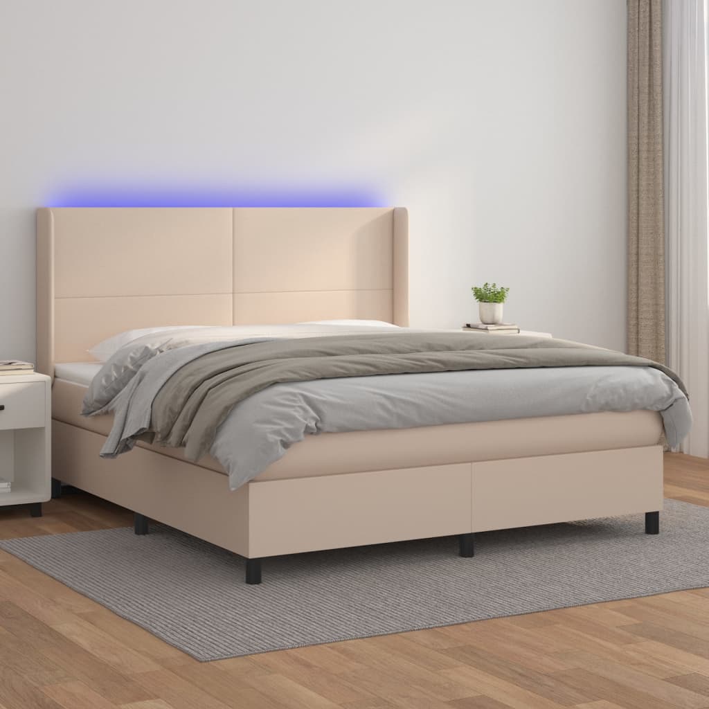 Box spring postelja vzmetnico LED kapučino 180x200 cm um. usnje