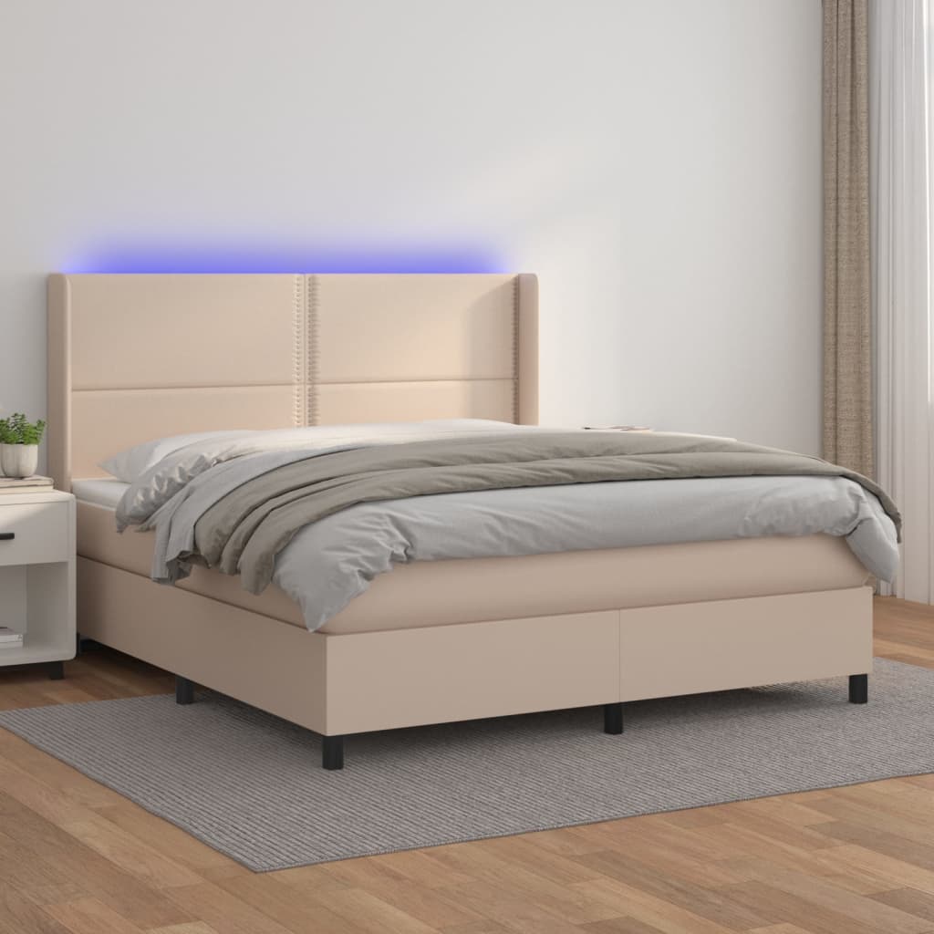 Box spring postelja vzmetnico LED kapučino 180x200 cm um. usnje