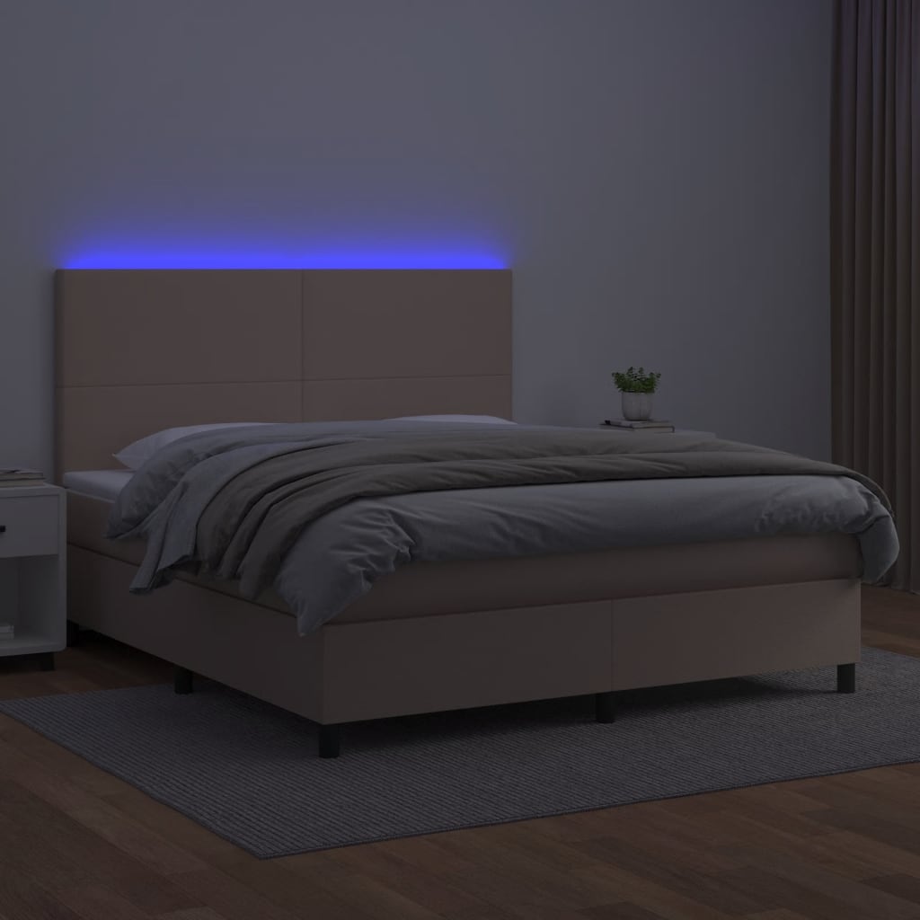 Box spring postelja vzmetnico LED kapučino 180x200 cm um. usnje