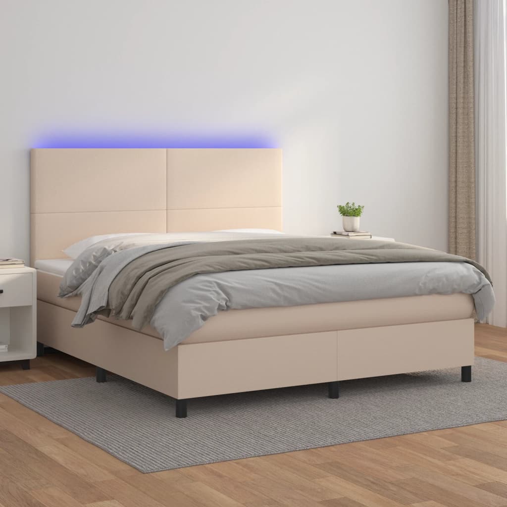 Box spring postelja vzmetnico LED kapučino 180x200 cm um. usnje