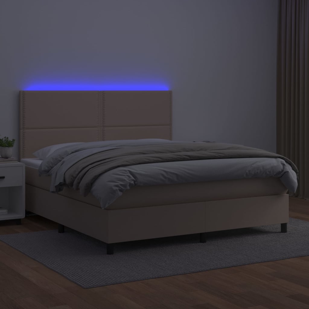 Box spring postelja vzmetnico LED kapučino 180x200 cm um. usnje