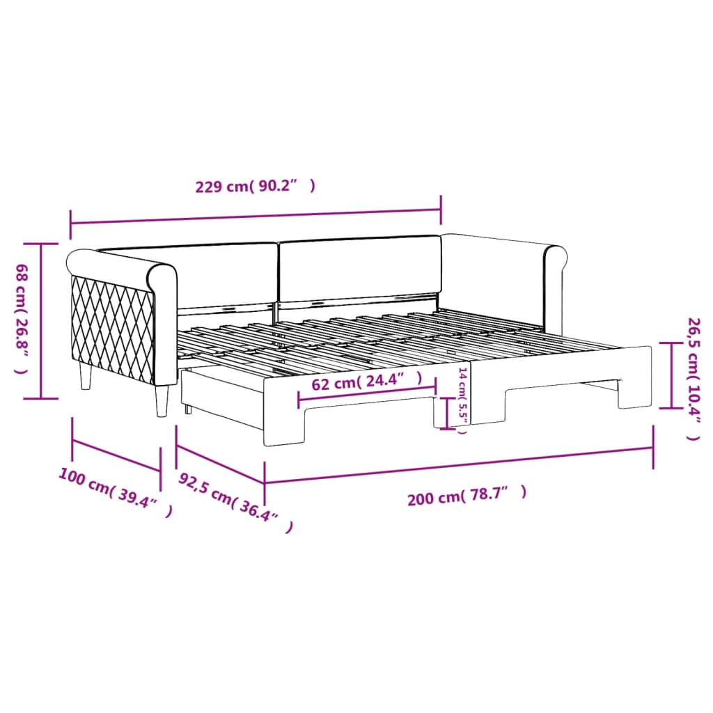 Izvlečna dnevna postelja modra 90x200 cm žamet