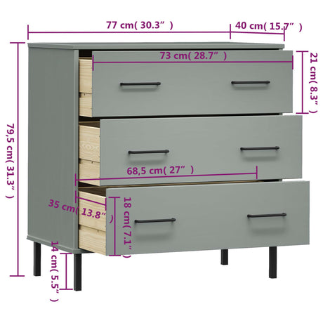 Komoda s 3 predali siva 77x40x79,5 cm trden les OSLO