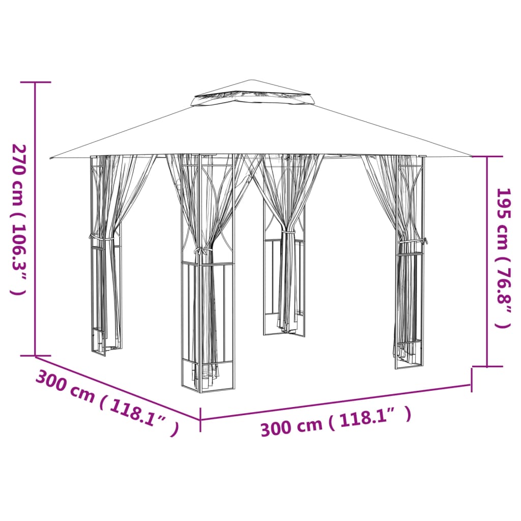 Paviljon s stranskimi stenami antracit 300x300x270 cm jeklo