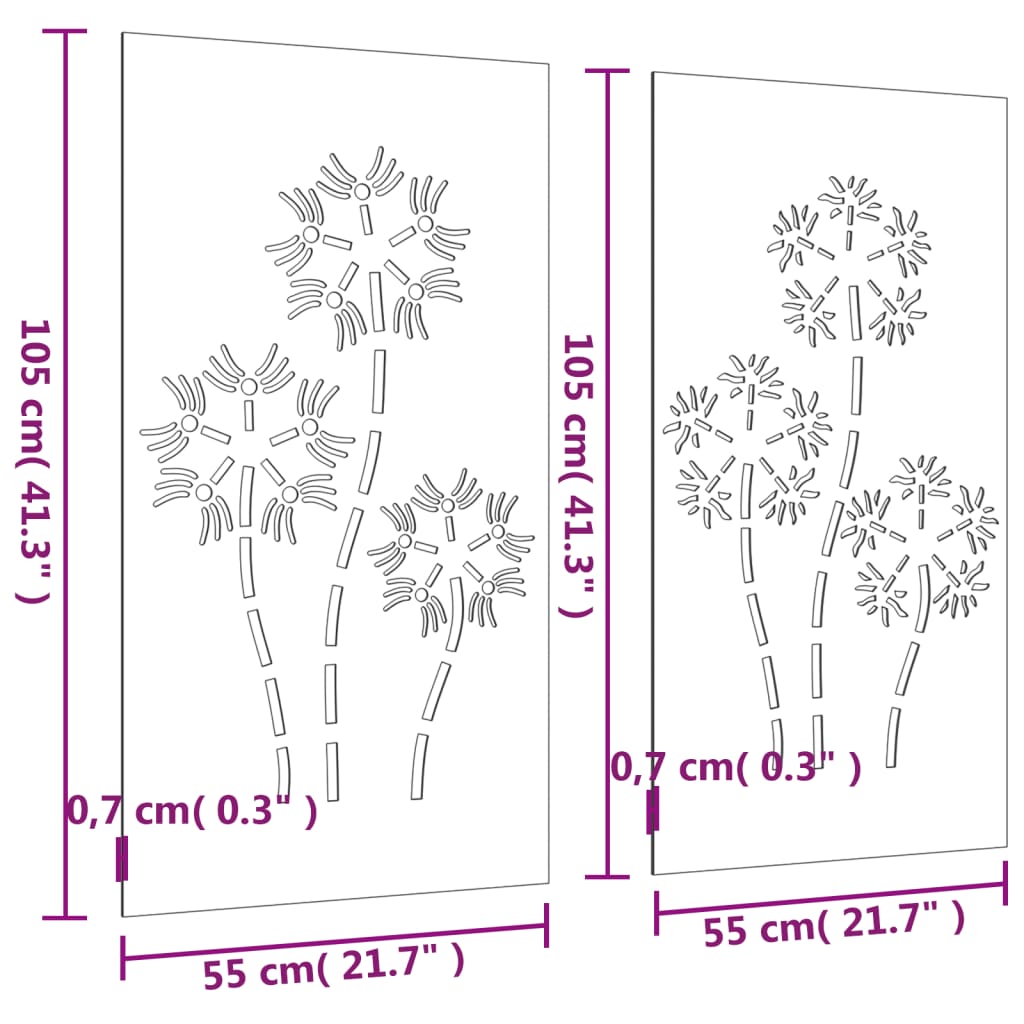 Vrtne stenske dekoracije 2 kosa 105x55 cm corten jeklo rože