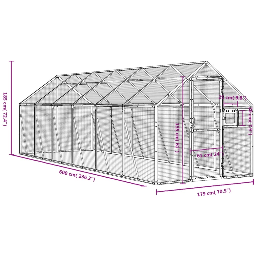 Ptičnica srebrna 1,79x6x1,85 m aluminij