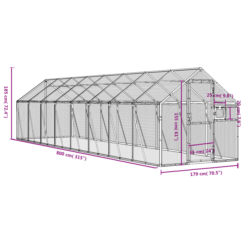 Ptičnica srebrna 1,79x8x1,85 m aluminij