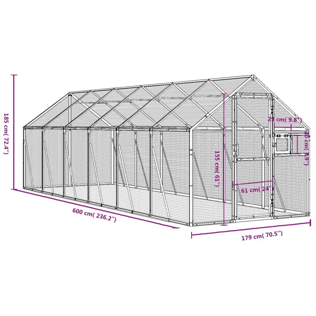 Ptičnica antracitna 1,79x6x1,85 m aluminij