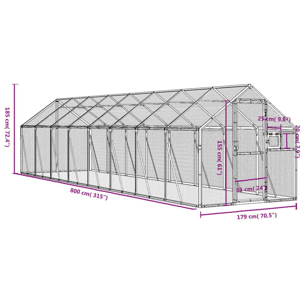 Ptičnica antracitna 1,79x8x1,85 m aluminij